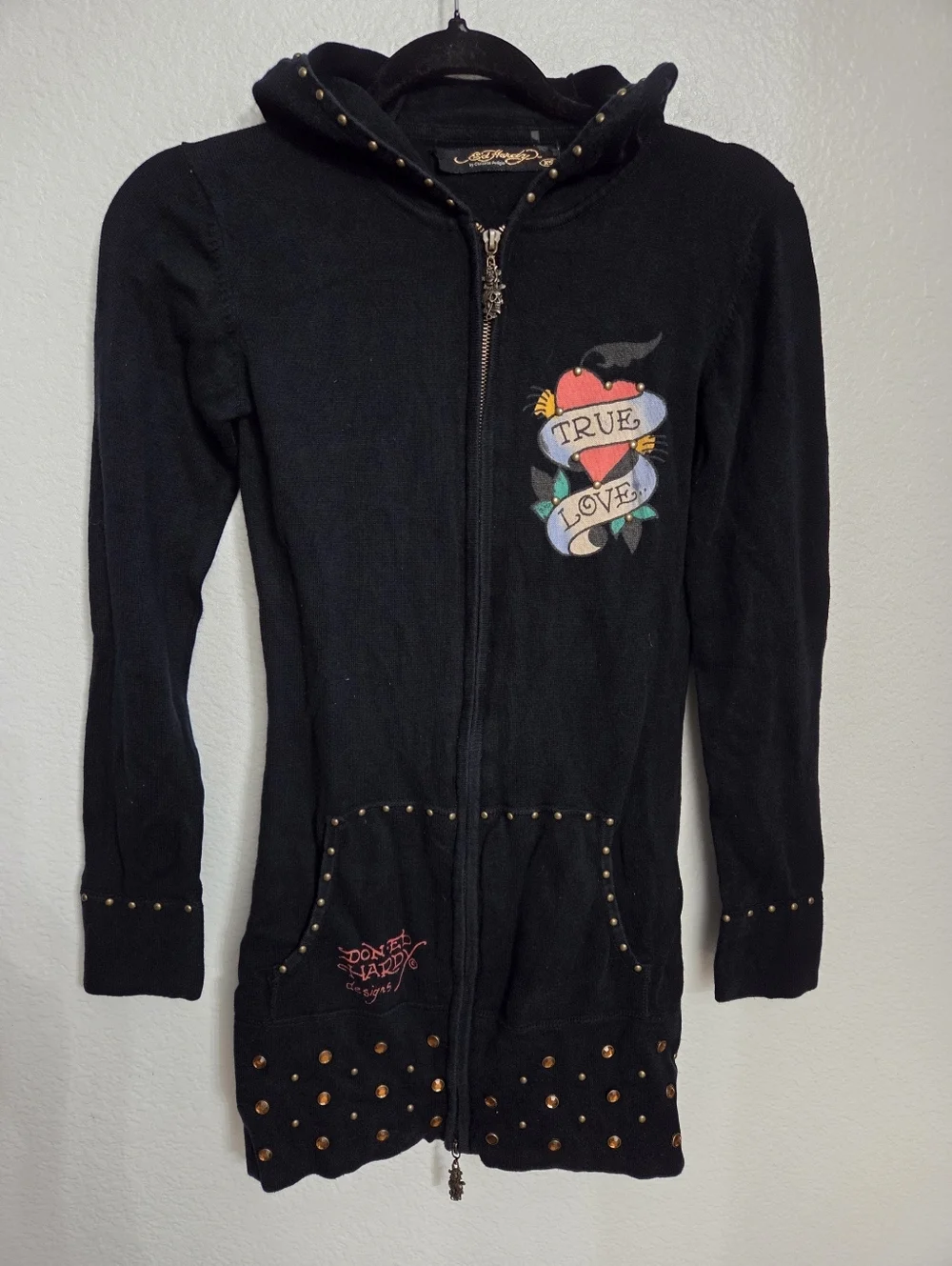 Ed Hardy Christian Audigier True Love Sweater Women's Size Xsmall Zip Up Y2K - Picture 1 of 15